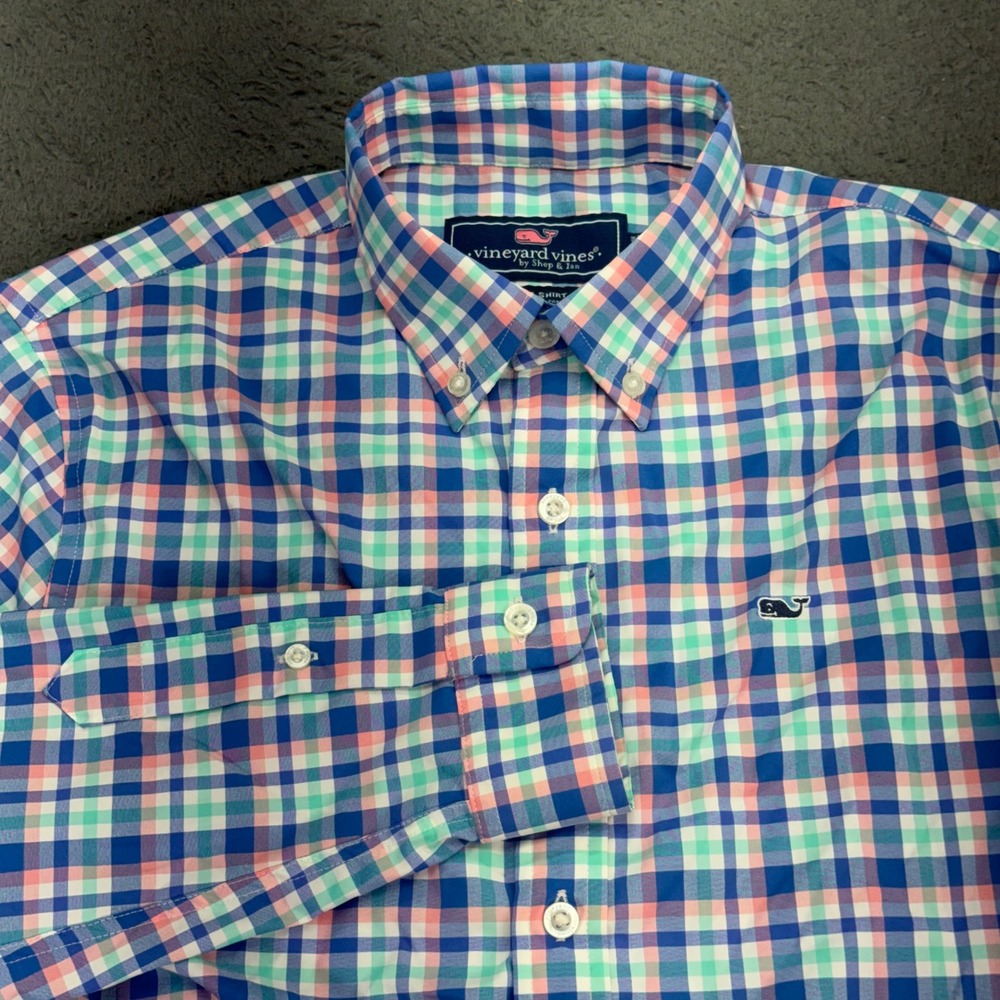 Vineyard Vines Whale Shirt Kids L 16 Multi Color Plaid Performance Button Down
